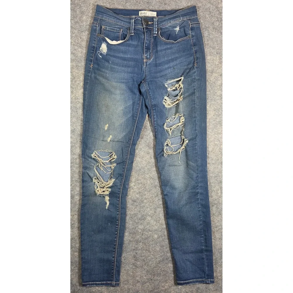 Y2K Mudd FLX Stretch Low Rise Skinny Jeans Medium Wash Distressed Denim Womens 5 - Picture 1 of 15